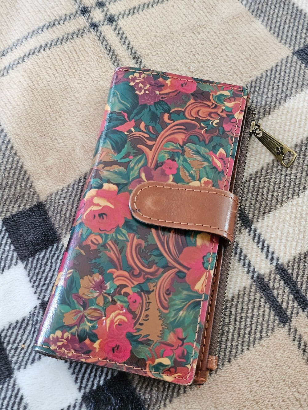 Patricia Nash Pink and Green Floral Zip Wallet with Brown Strap